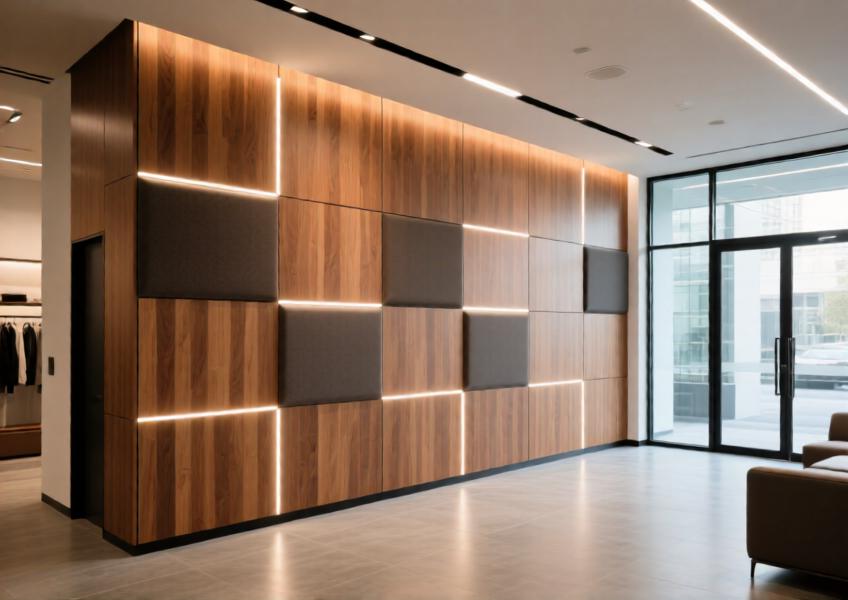 Elegant retail interior with warm oak-look aluminum cladding used in a functional, light-integrated feature wall.