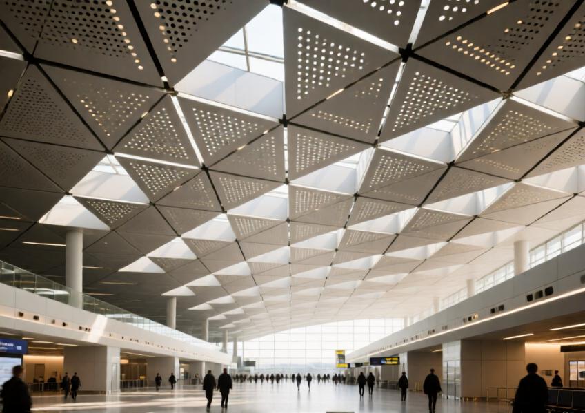 Airport interior with perforated warm gray aluminum ceiling panels for acoustic and visual harmony.