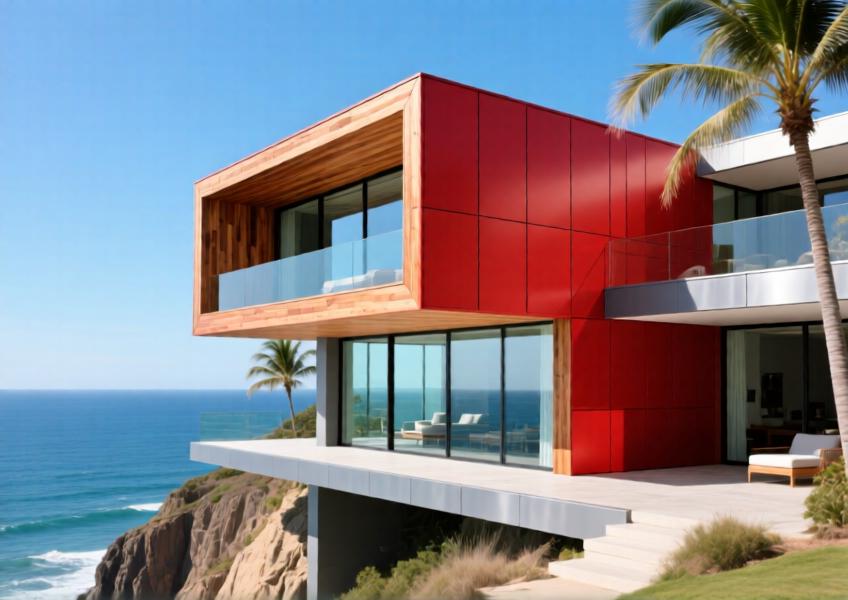 Coastal luxury villa with vibrant red powder-coated aluminium panels, blending modern design with oceanfront setting.