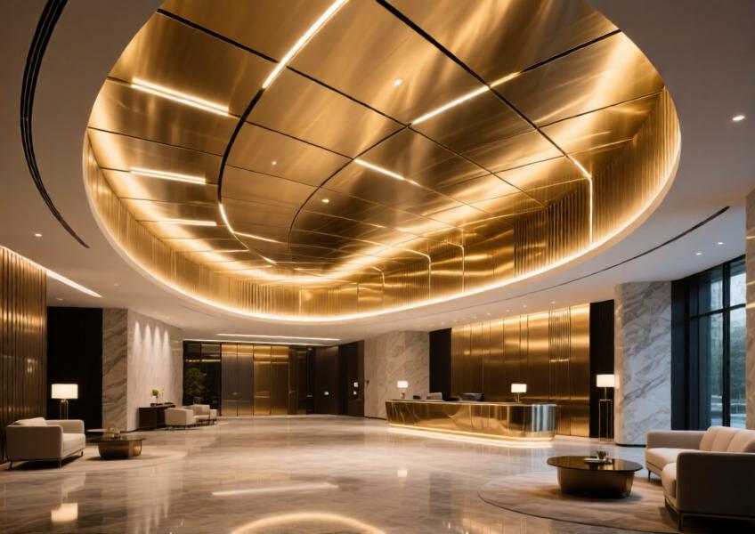 Luxury hotel lobby with curved champagne gold aluminum ceiling panels and ambient lighting for a fluid architectural effect