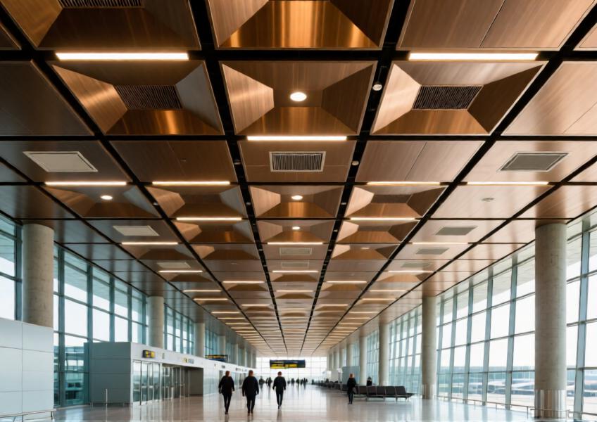 Airport interior with anodized bronze aluminum ceiling under natural daylight