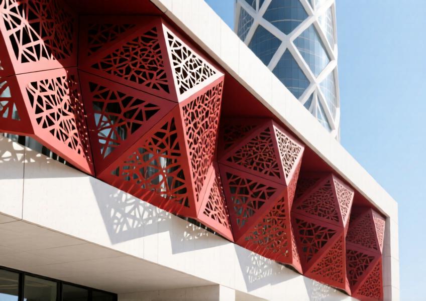 Close-up of red powder-coated aluminum decorative cladding casting geometric shadows on a cultural tower
