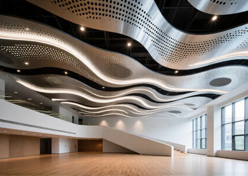 Perforated aluminum ceiling with wave pattern in a Chengdu cultural center, blending art and acoustics.