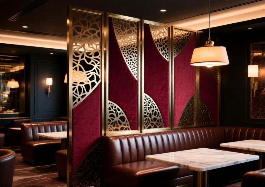 Matte burgundy decorative aluminum room divider in a premium lounge setting.