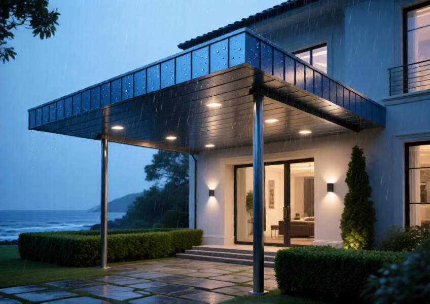 Villa entry canopy with anodized blue aluminum ceiling, designed for elegance and durability in a coastal environment.