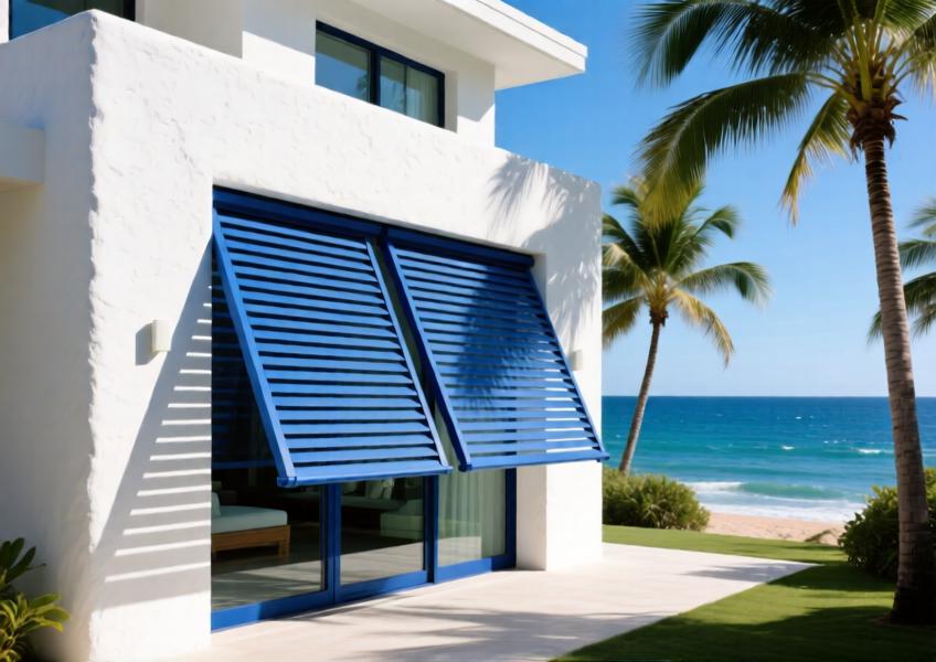 Tropical luxury villa with ocean-blue aluminum louvered sunscreens at sunset