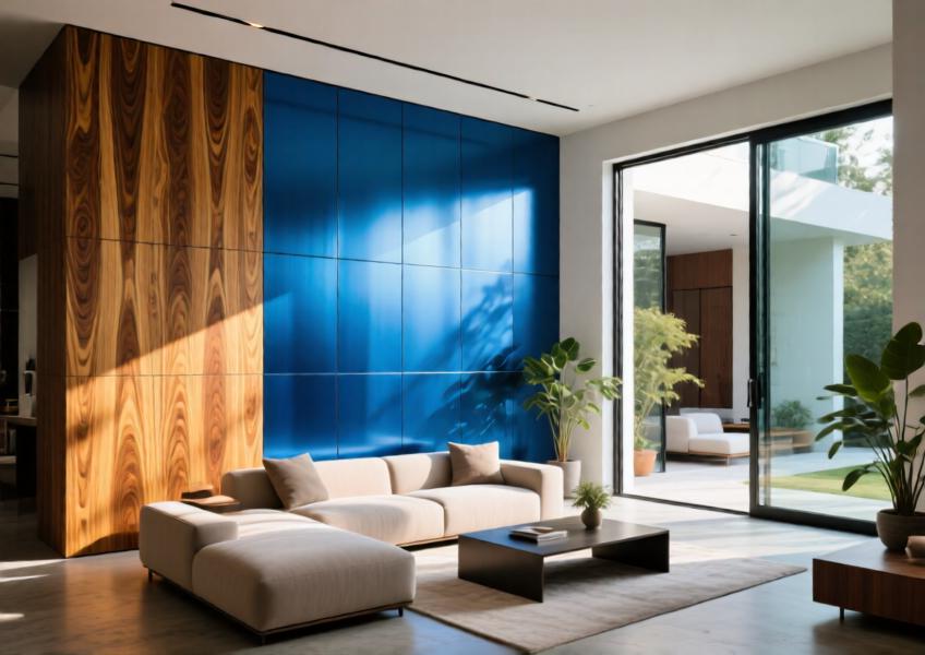 Luxury villa living room with anodized blue aluminum panels displaying a teak wood finish