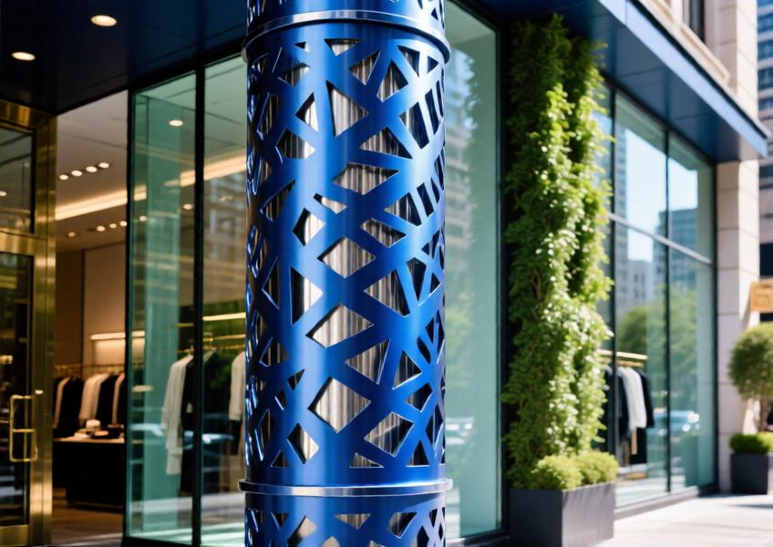 Close-up of a sapphire blue powder-coated aluminum decorative column with intricate cutouts casting sharp shadows in daylight