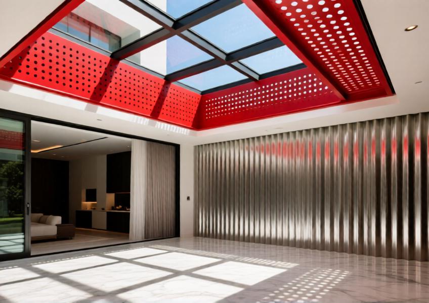Vibrant matte red perforated aluminum ceiling in a sunlit luxury villa atrium, showcasing light patterns and premium material finish.