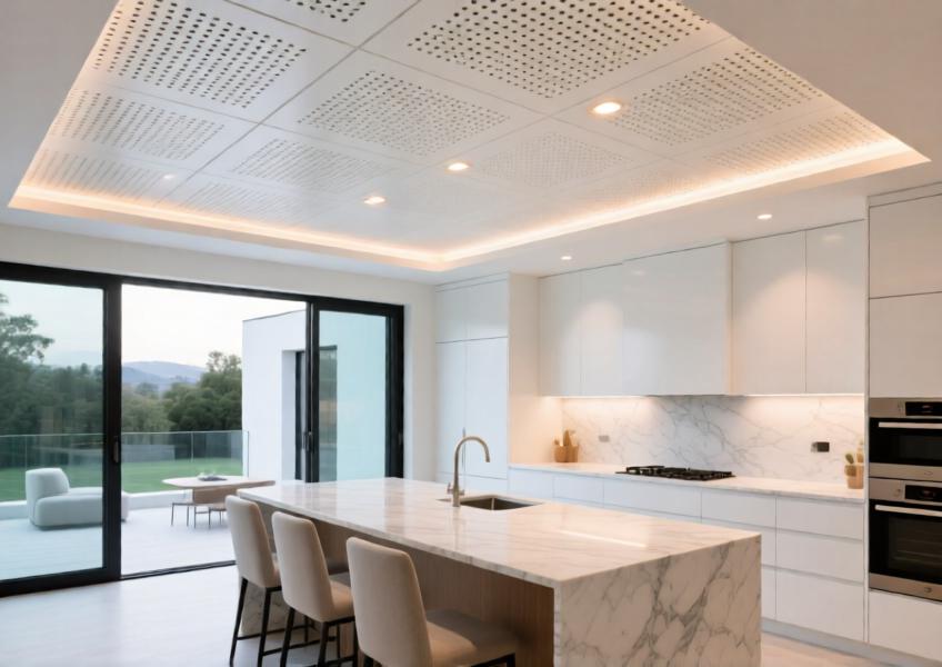 Matte white perforated aluminum ceiling in a high-end villa kitchen, optimized for acoustics and aesthetics.