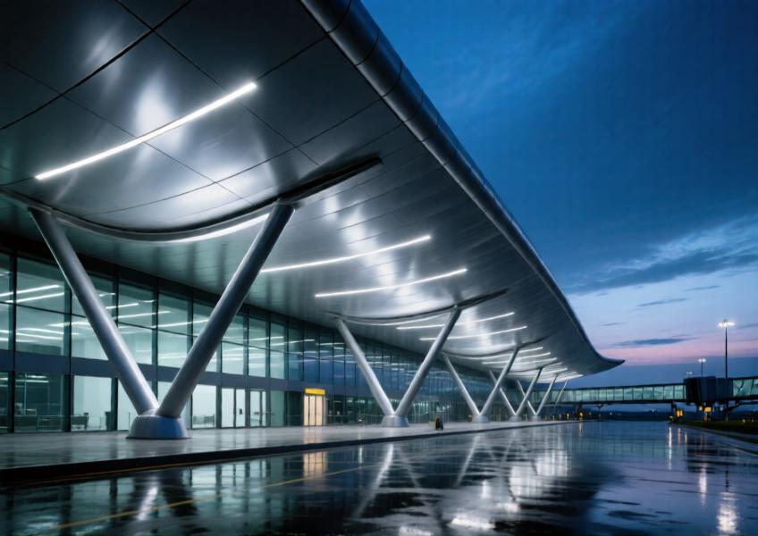 Night view of an airport canopy with curved matte silver aluminum ceiling panels and ambient lighting.