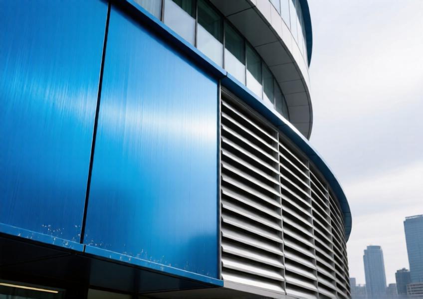 Close-up of curved, vibrant anodized blue aluminum cladding panel with textured finish and adjacent louvers.
