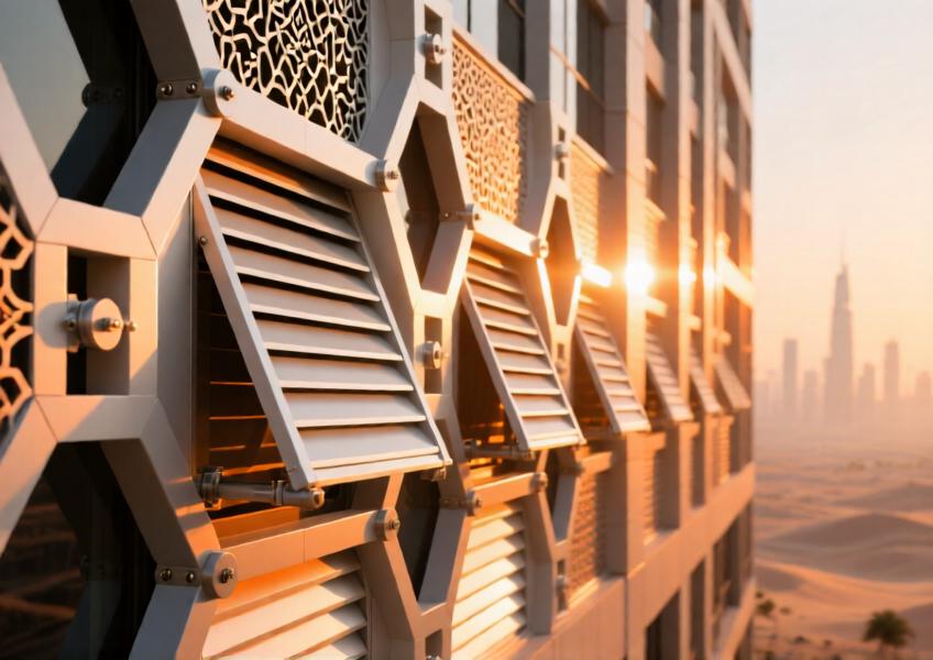 Close-up of matte white aluminum kinetic louvers at sunset on a luxury high-rise
