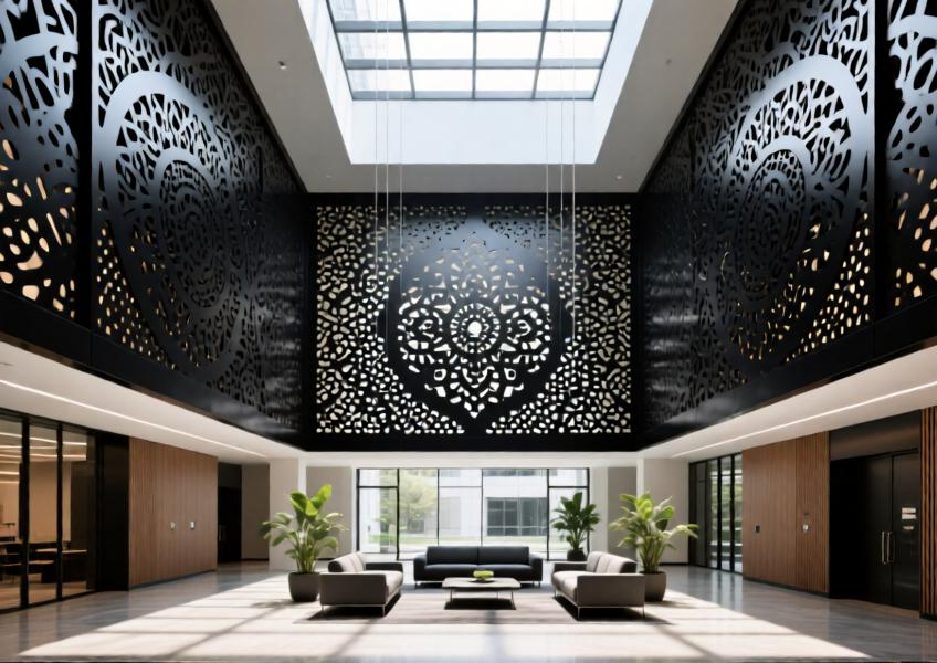 A matte black laser-cut aluminum ceiling in a corporate atrium, blending cultural artistry with modern design and acoustic functionality.