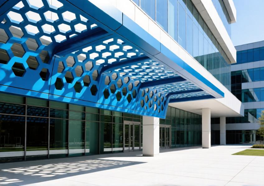 Close-up of anodized blue perforated aluminum decorative cladding casting precise shadows on a modern architectural plaza.