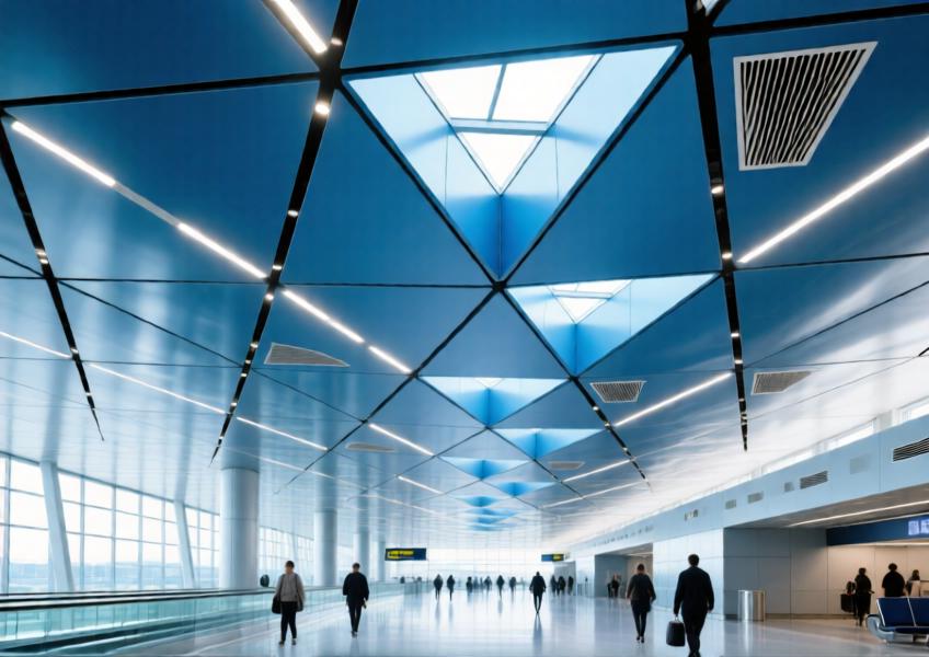 Airport terminal with anodized blue aluminum ceiling integrating light and airflow elements