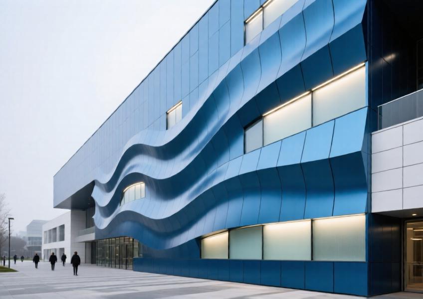 Textured anodized blue aluminium facade on a cultural building, highlighting wave-patterned panels and integrated lighting.