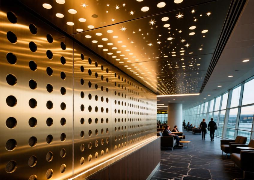 Close-up of a brushed champagne gold aluminum ceiling panel in an airport lounge, designed for both acoustic performance and ambient lighting effects.