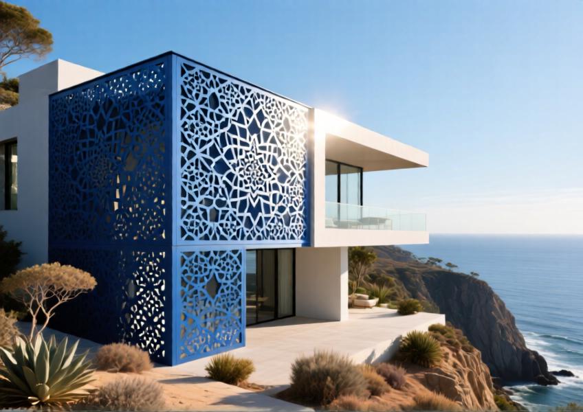 Luxury cliffside villa with deep ocean blue perforated aluminum cladding in a decorative pattern, blending cultural design with coastal modernism.