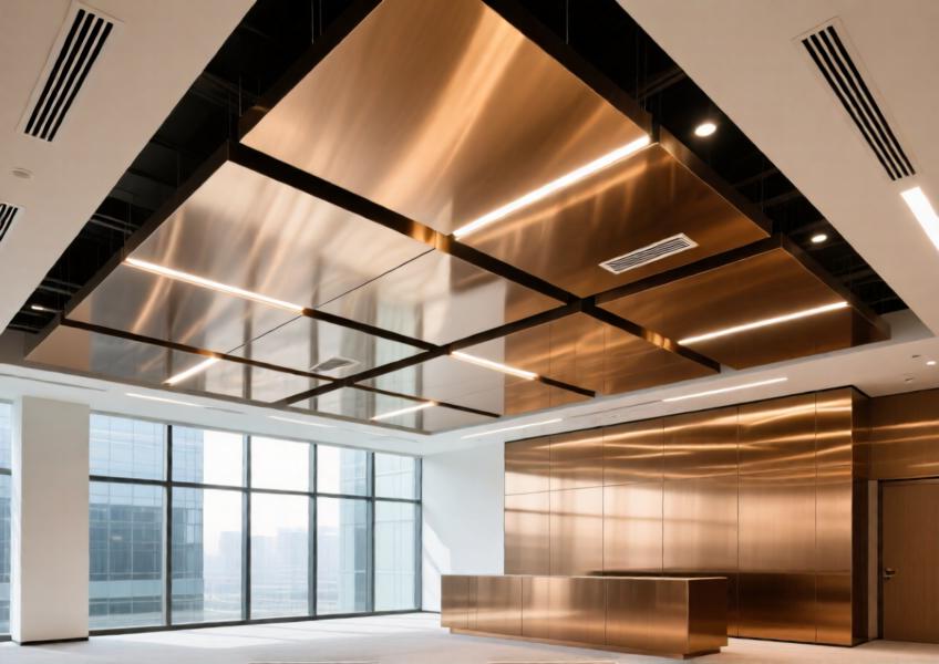 Bronze anodized brushed aluminum ceiling in a sunlit, upscale office lobby with integrated lighting.