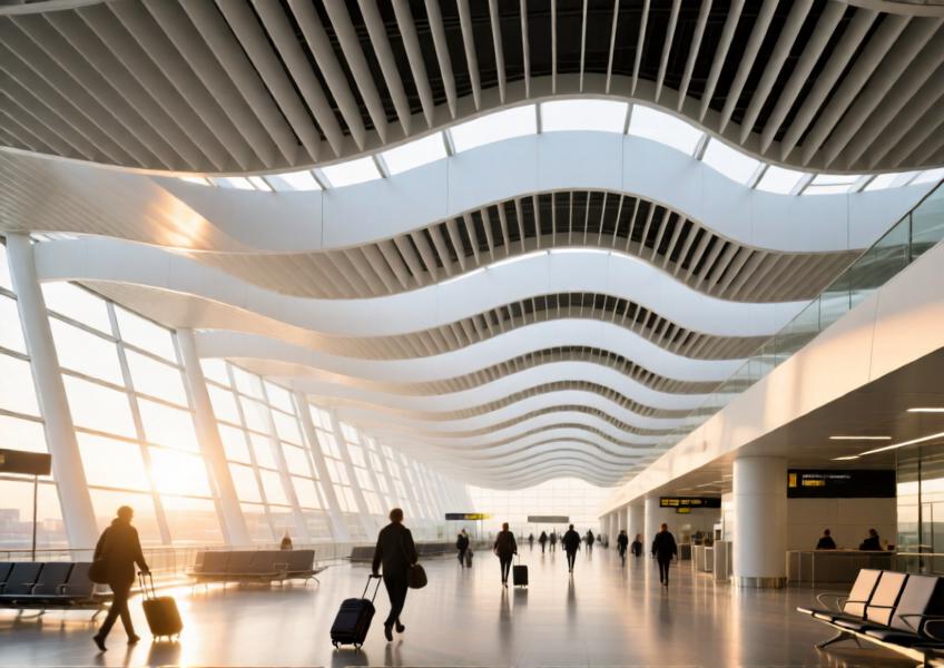 Contemporary airport terminal with acoustic matte white aluminum ceiling system