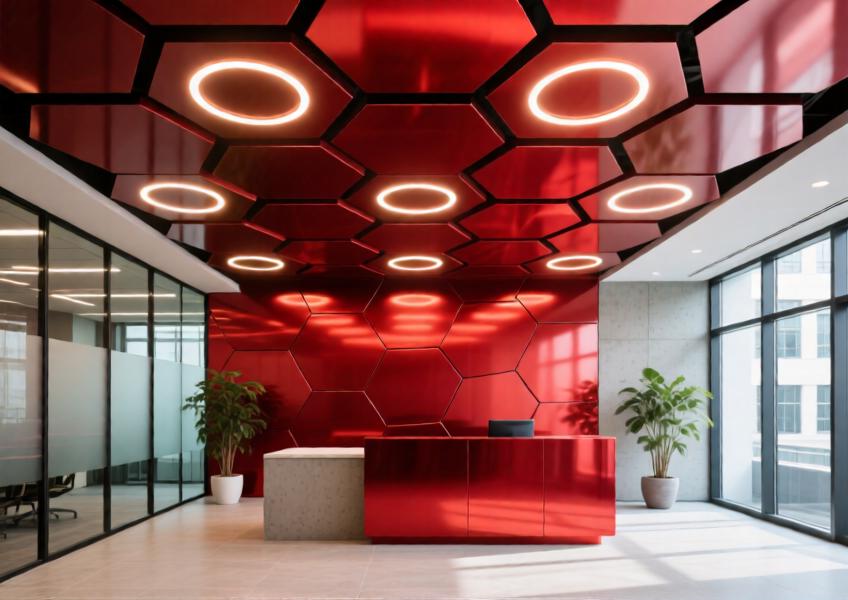 Modern office ceiling with red anodized aluminum panels in a geometric layout.