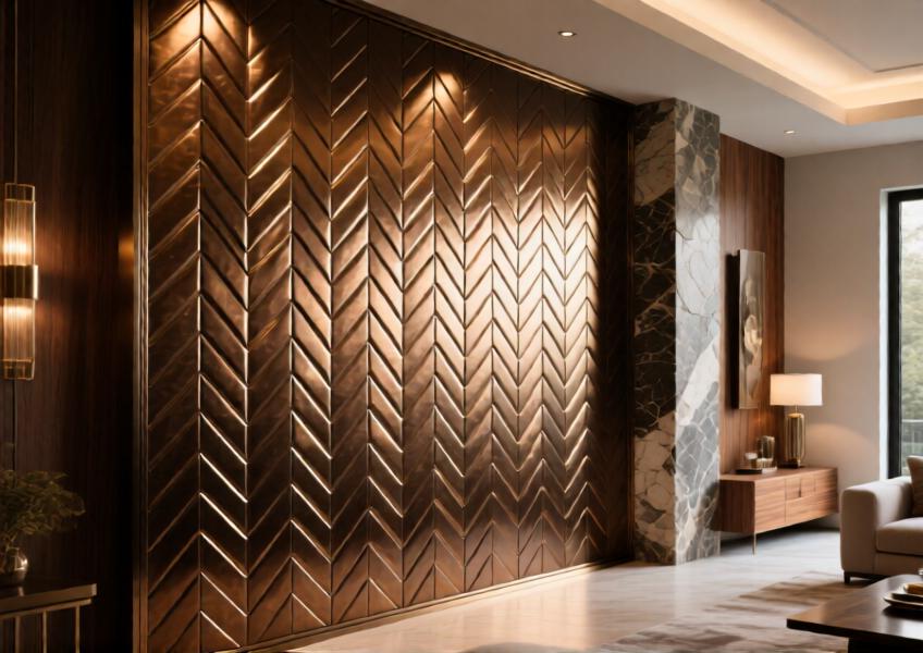 Bronze powder-coated brushed aluminum decorative wall in a luxury villa.