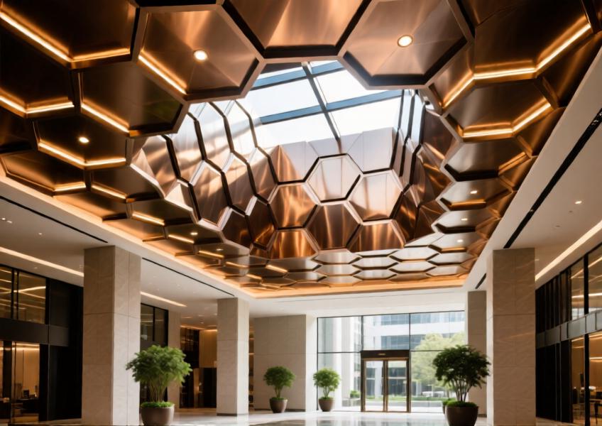 Luxury atrium with bronze-toned anodized aluminum ceiling integrating light and geometry