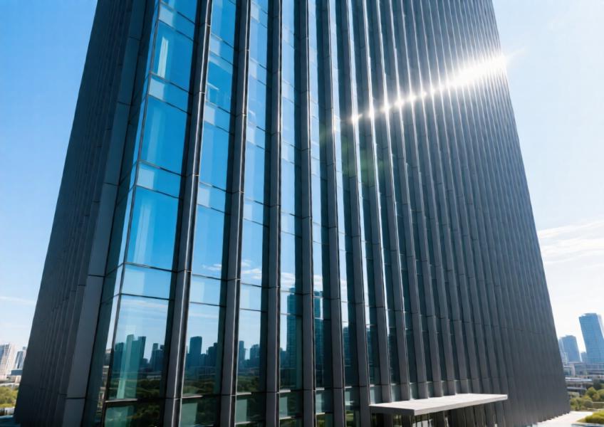 High-rise commercial building with dark charcoal gray aluminum curtain wall and expansive glass facade