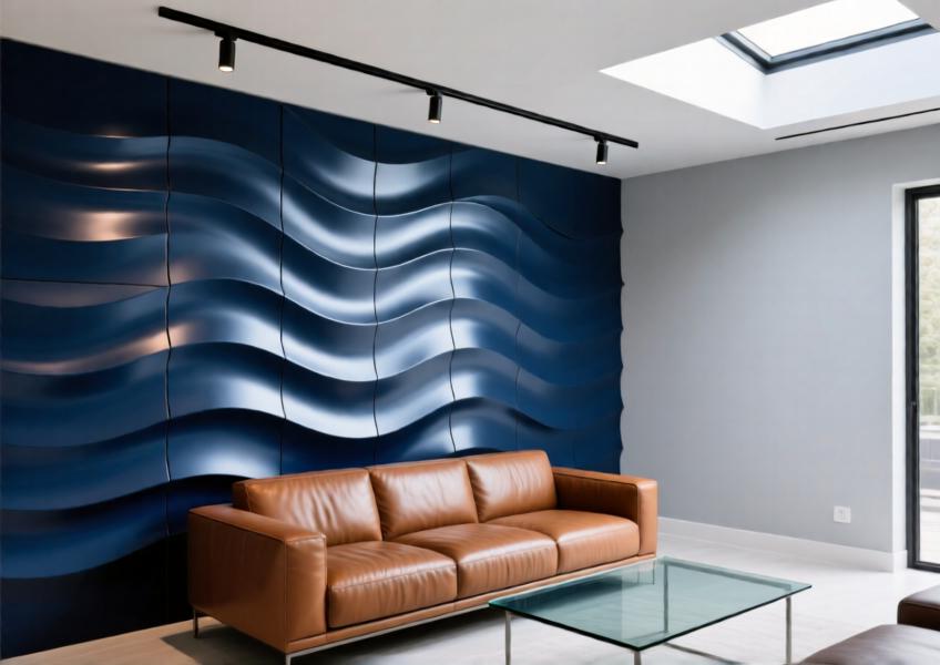 Villa office lounge with navy blue 3D aluminum wall tiles creating a dynamic, textured focal point.