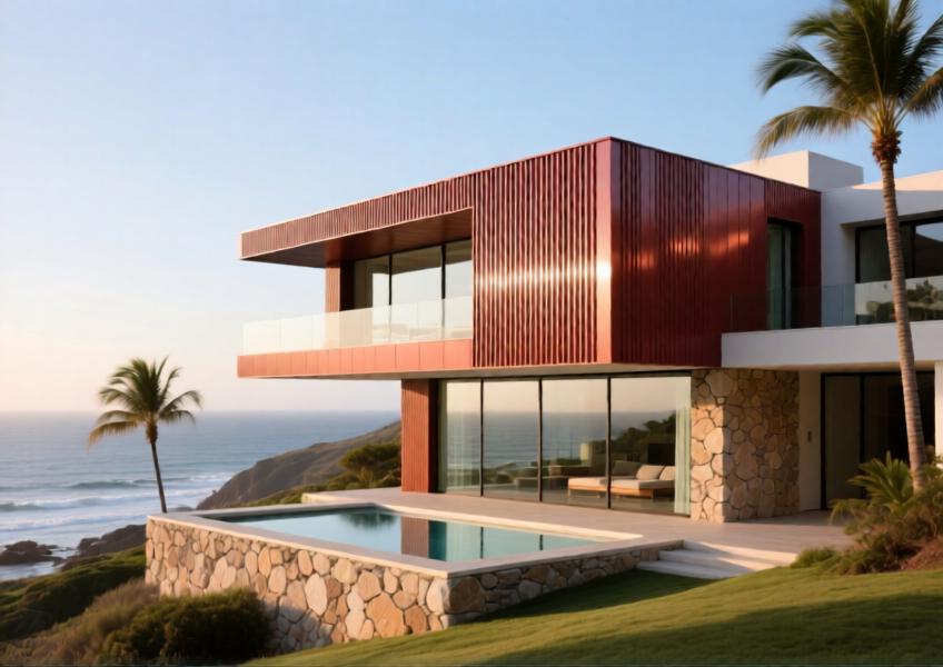 Luxury coastal villa with matte terracotta-red aluminum sheet cladding integrated into modern design.