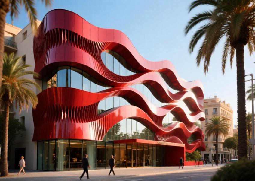 Barcelona boutique hotel with custom red powder-coated aluminum facade panels reflecting regional vibrancy and design flair