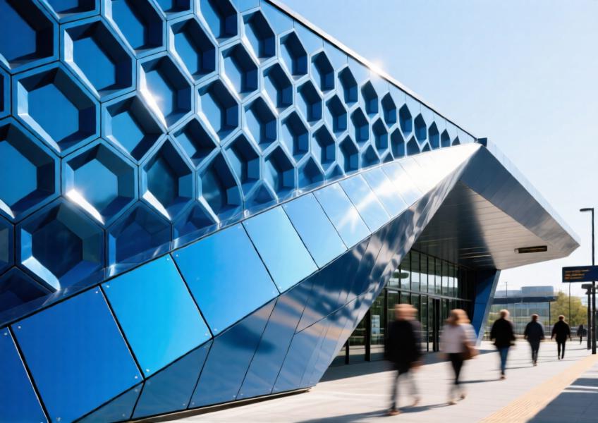 Close-up of a transit station façade with anodized blue aluminum cladding in a honeycomb pattern under natural daylight.