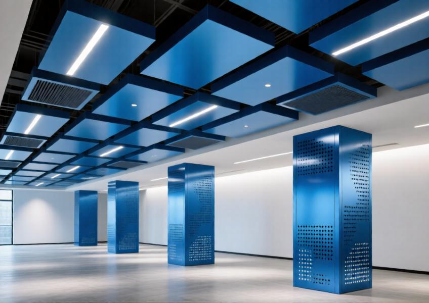 Modern interior with anodized blue aluminum ceiling and decorative columns featuring perforated patterns and integrated lighting.