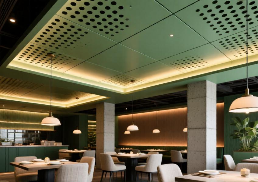 Upscale restaurant with matte sage green perforated aluminium ceiling providing acoustic functionality and visual texture.