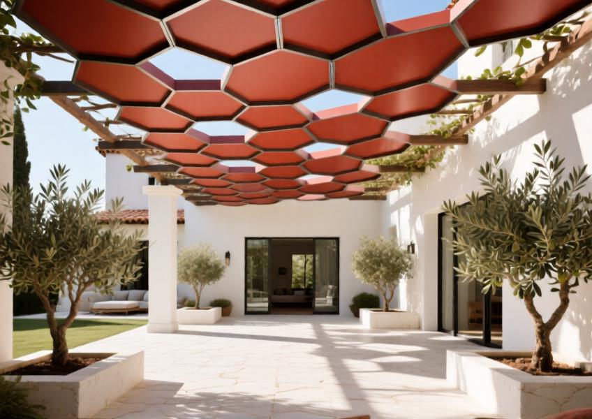 Terracotta-red aluminum ceiling panels in a sunlit open-air atrium of a luxury residence, merging modern design with Mediterranean aesthetics.