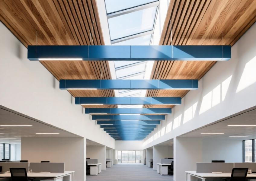 Modern office atrium with linear oak-finish aluminum ceiling panels adding warmth and directional flow to a professional environment.