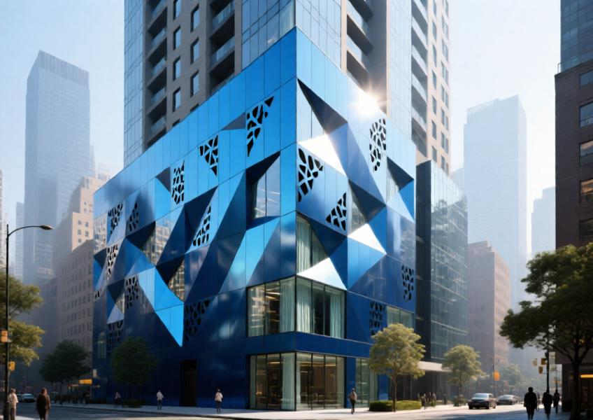 Urban luxury residence with anodized blue aluminum cladding in a geometric pattern, creating dramatic shadows and reflections under strong daylight.