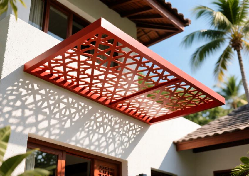 Terracotta red decorative aluminum screen casting artistic shadows on a villa’s exterior.