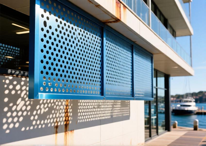 Close-up of anodized blue perforated aluminum facade panel on a coastal building in Sydney, showing detailed texture and shadow play.
