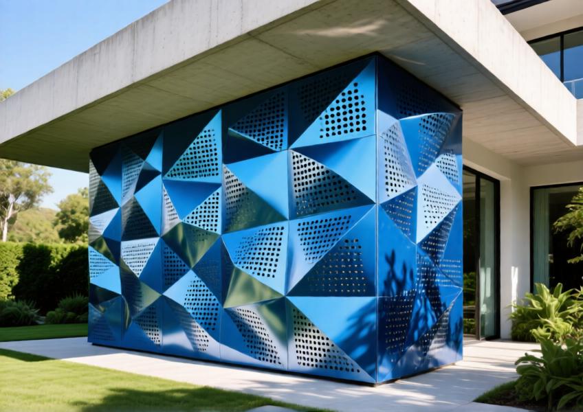 Detailed view of anodized blue perforated aluminum cladding casting dynamic shadows on a high-end villa façade.