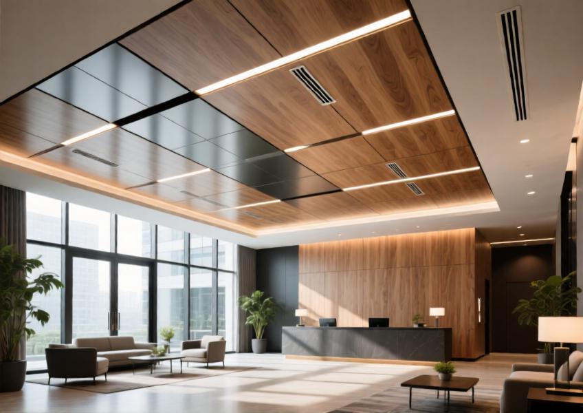 Hotel lobby with light oak wood effect aluminum ceiling and integrated lighting.