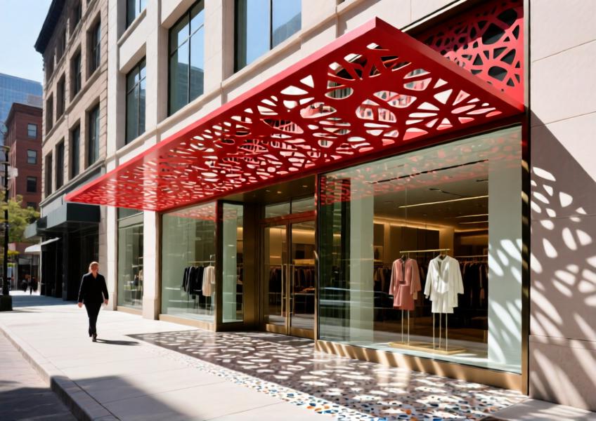Retail building with a vibrant red powder-coated laser-cut aluminum screen casting patterned shadows