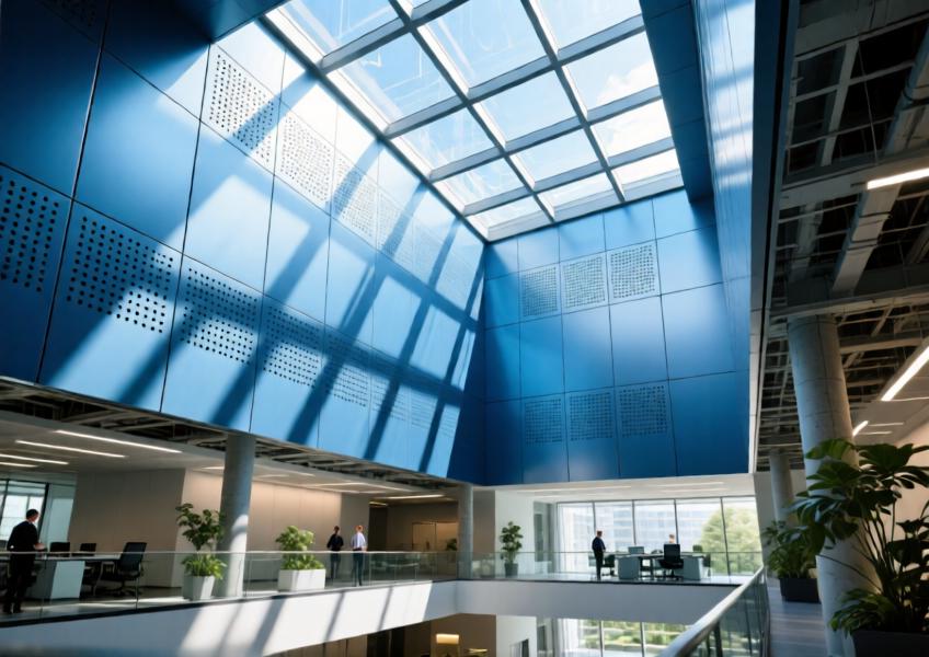 Corporate atrium with anodized blue perforated aluminum ceiling panels enhancing both acoustics and visual interest.