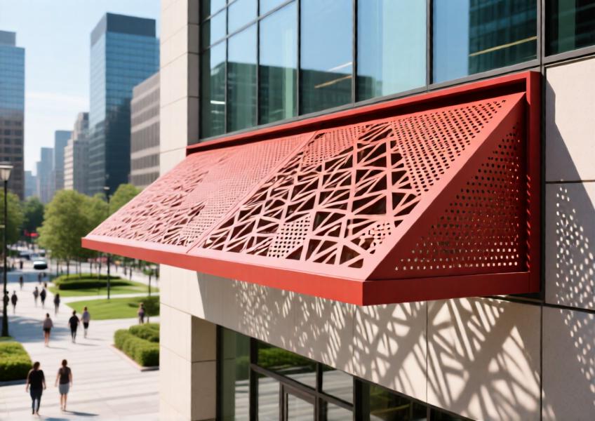 Terracotta-red perforated aluminum screen casting patterned shadows on a modern building facade.