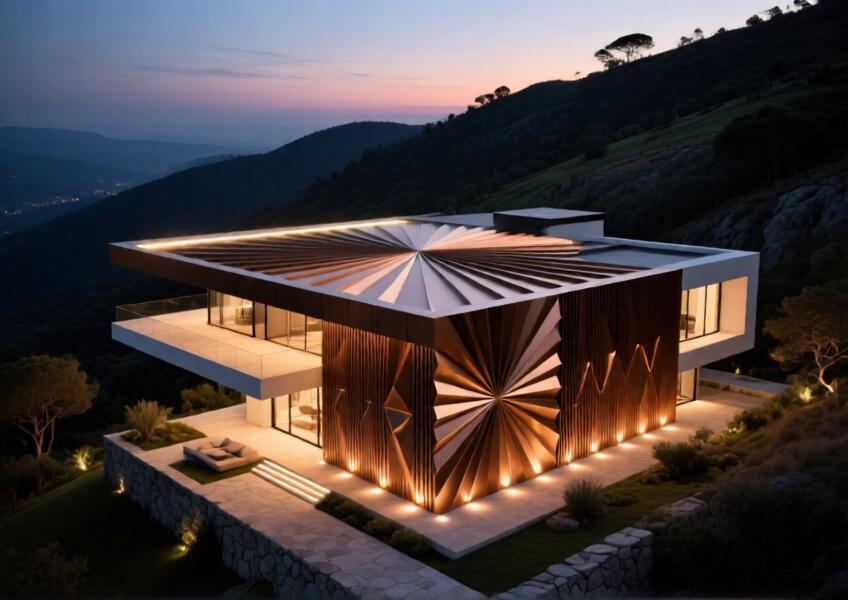 Luxury villa with warm bronze anodized aluminum facade and ceiling system glowing at twilight.