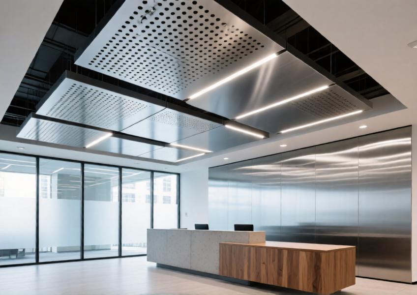 Interior of a luxury office lobby with perforated silver aluminum ceiling system and integrated lighting.