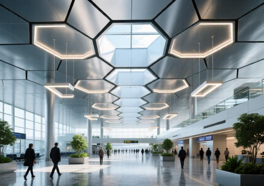 Airport atrium with reflective brushed silver aluminum ceiling system.