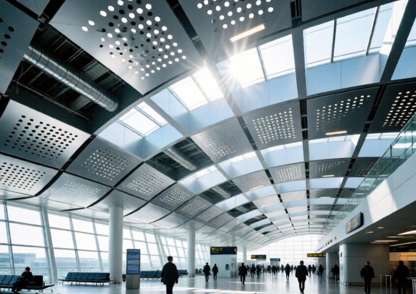 Airport terminal with curved, perforated silver aluminum ceiling under natural light