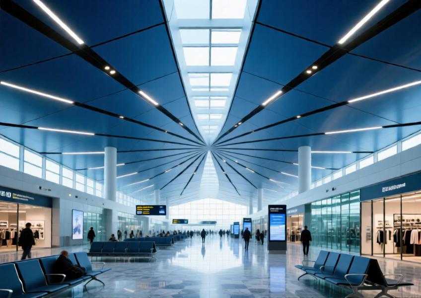 Airport concourse with a radial-patterned, anodized blue aluminum ceiling enhancing wayfinding and spatial clarity under natural and artificial light.